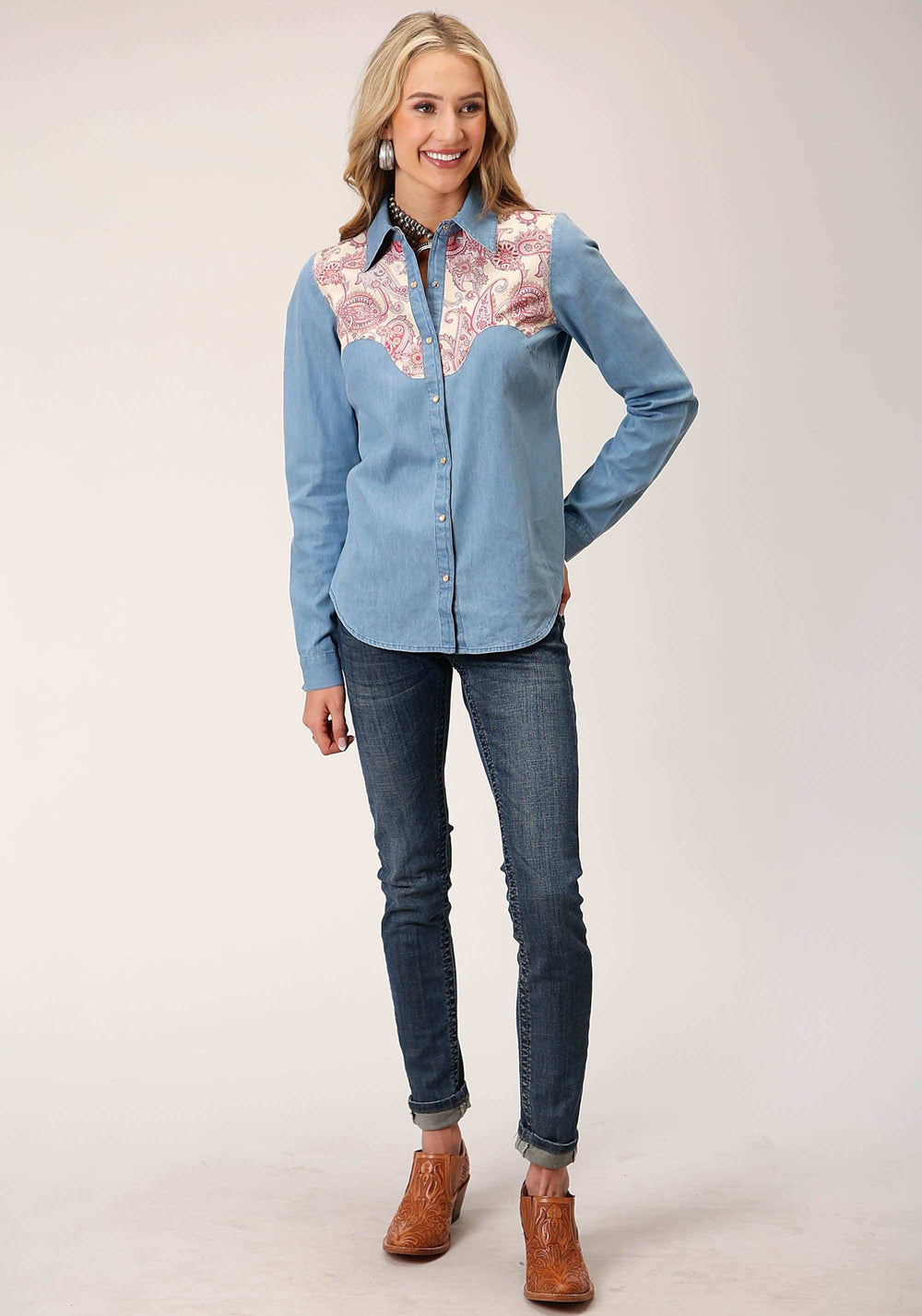 Roper Womens Long Sleeve Snap Denim Retro Shirt Western Shirt - Roper - Flyclothing LLC