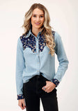 Roper Womens Long Sleeve Snap Light Blue Denim Retro Shirt Western Shirt - Roper - Flyclothing LLC
