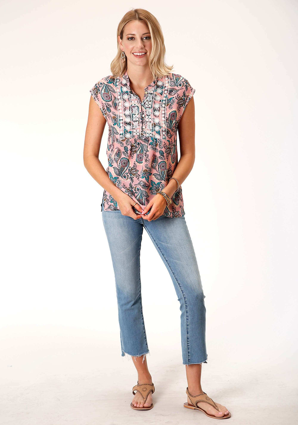 Roper Womens Short Sleeve Pink Paisley Print Cap Slv Blouse - Roper - Flyclothing LLC
