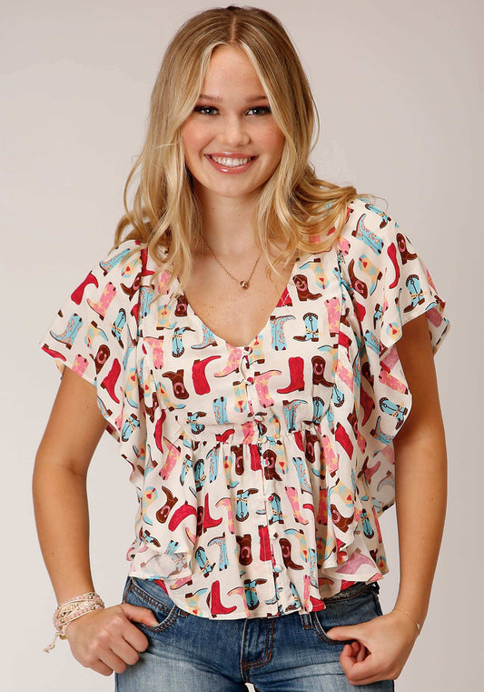 Roper Womens Short Sleeve Boot Print Rayon Prairie Style Blouse - Roper - Flyclothing LLC