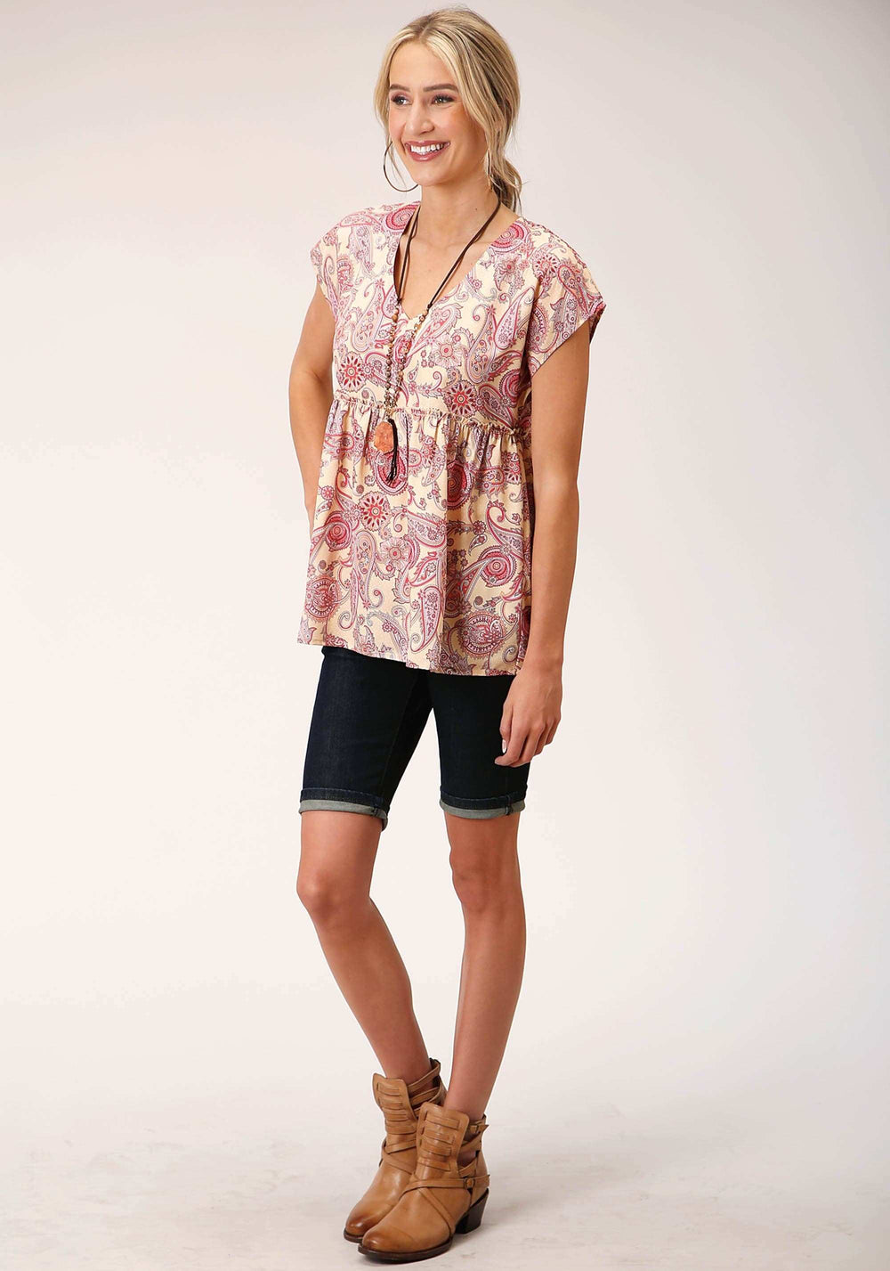 Roper Womens Short Sleeve Spring Paisley Print Poly Crepe Blouse - Roper - Flyclothing LLC