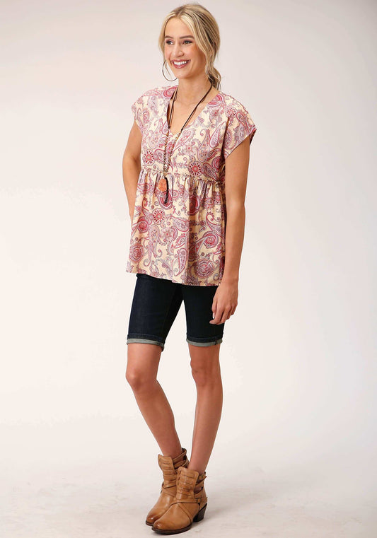 Roper Womens Short Sleeve Spring Paisley Print Poly Crepe Blouse - Roper - Flyclothing LLC