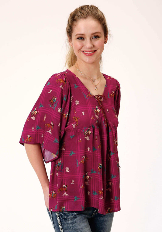 Roper Womens Red Retro Cowboys Print Short Sleeve Western Shirt - Roper - Flyclothing LLC