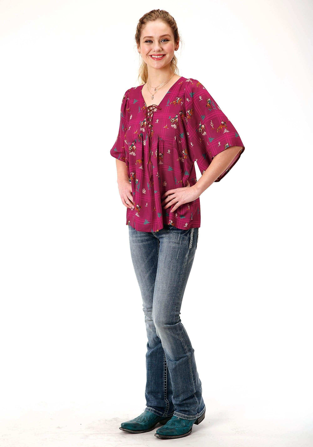 Roper Womens Red Retro Cowboys Print Short Sleeve Western Shirt - Roper - Flyclothing LLC