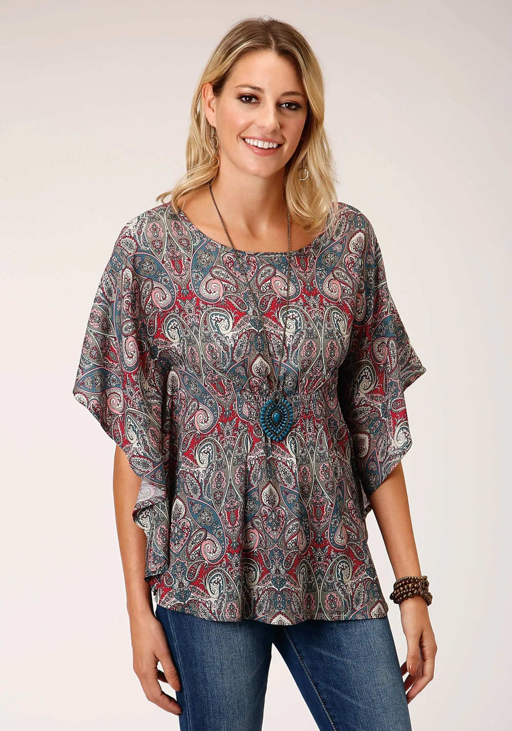 Roper Womens Short Sleeve Sage Paisley Print Rayon Blouse - Roper - Flyclothing LLC