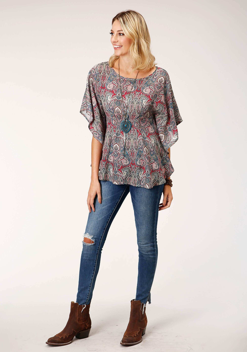 Roper Womens Short Sleeve Sage Paisley Print Rayon Blouse - Roper - Flyclothing LLC