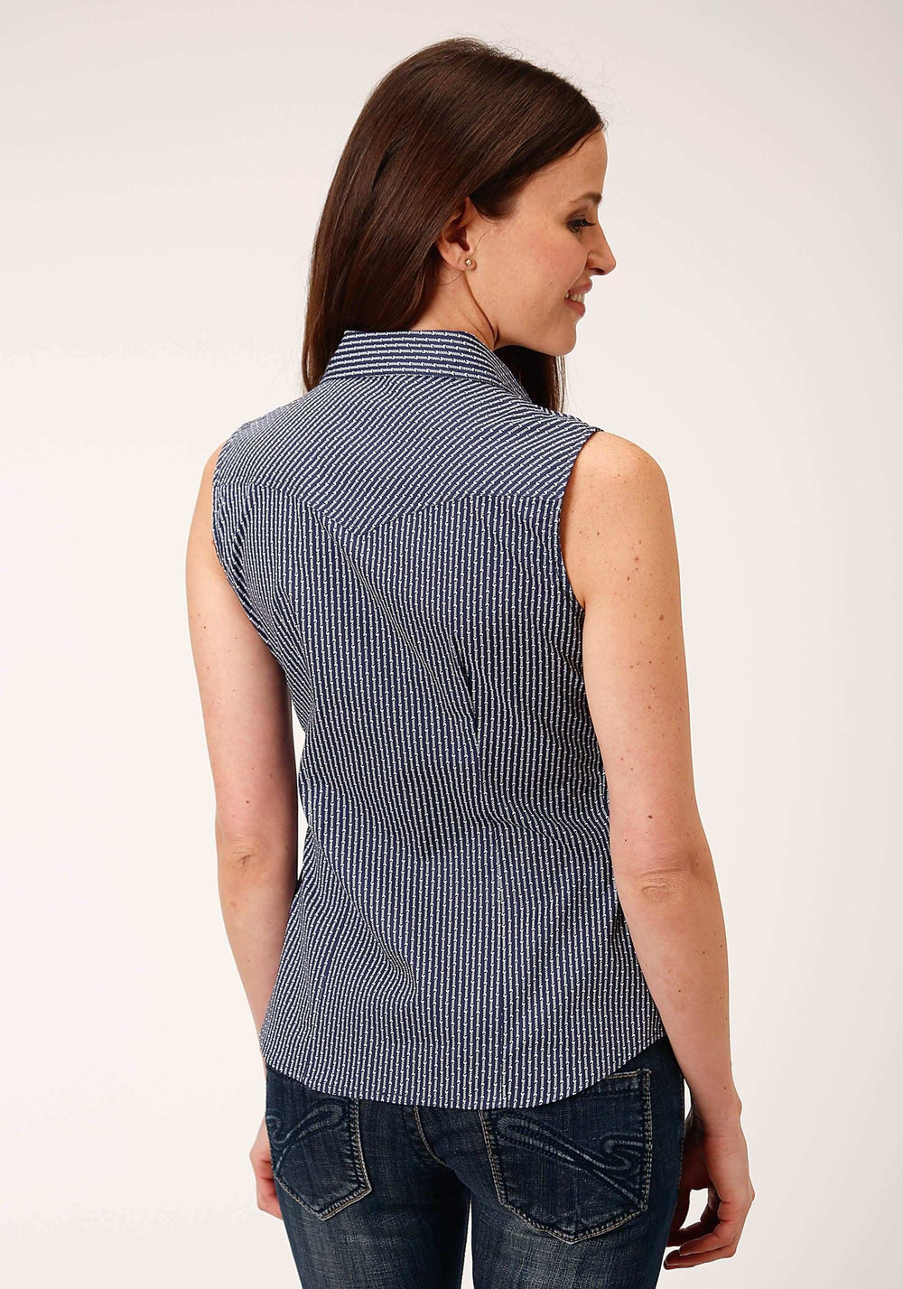 Roper Womens Sleeveless Snap Arrow Roper Print Navy Western Shirt - Roper - Flyclothing LLC