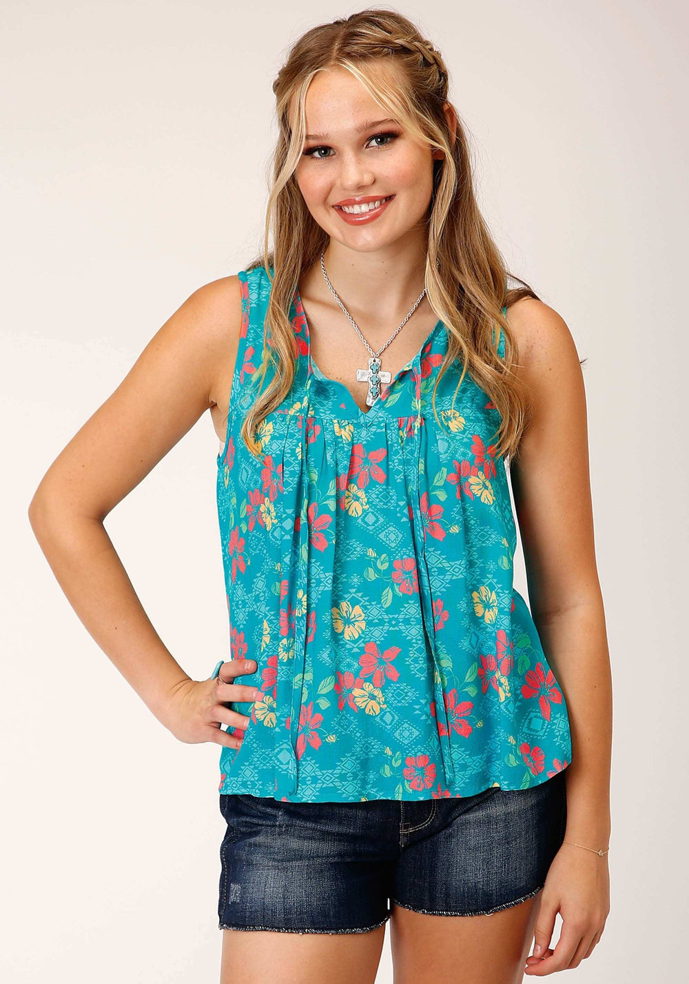 Roper Womens Sleeveless Tropical Aztec Print Rayon Blouse - Roper - Flyclothing LLC