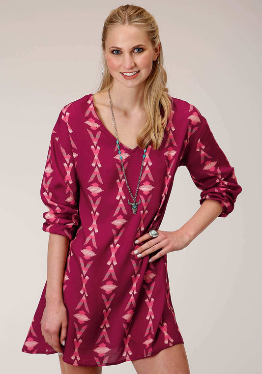 Roper Womens Long Sleeve Wine Aztec Print Dolman Sleeveless Dress - Roper - Flyclothing LLC