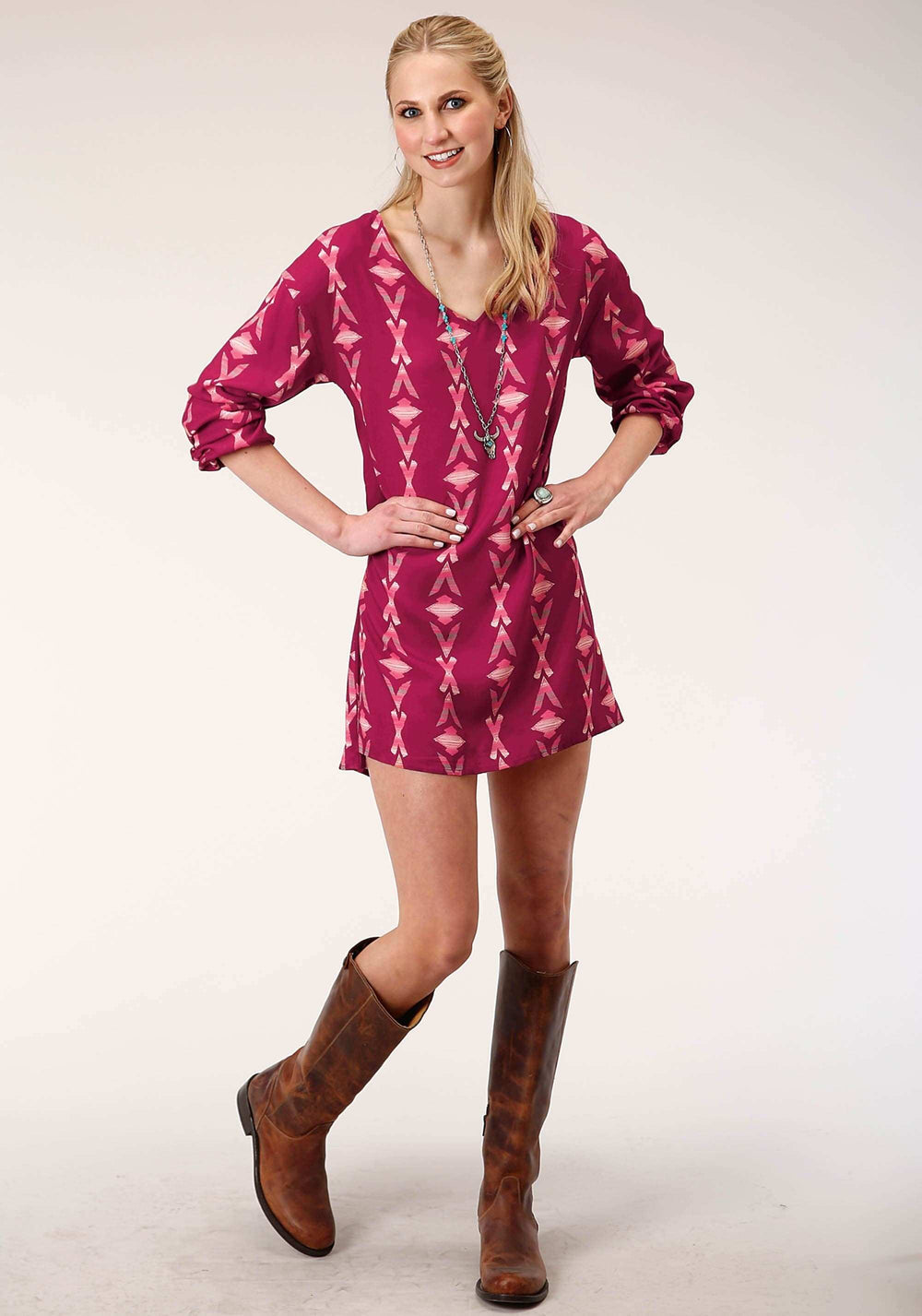Roper Womens Long Sleeve Wine Aztec Print Dolman Sleeveless Dress - Roper - Flyclothing LLC