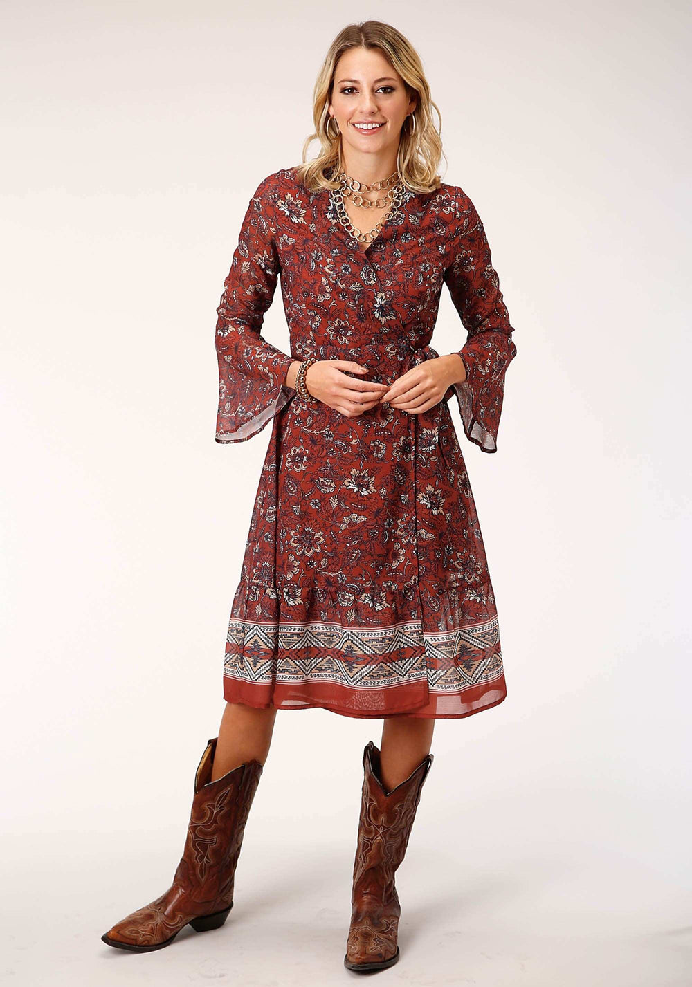 Roper Womens Long Sleeve Rust Floral Border Print Wrap Dress - Roper - Flyclothing LLC