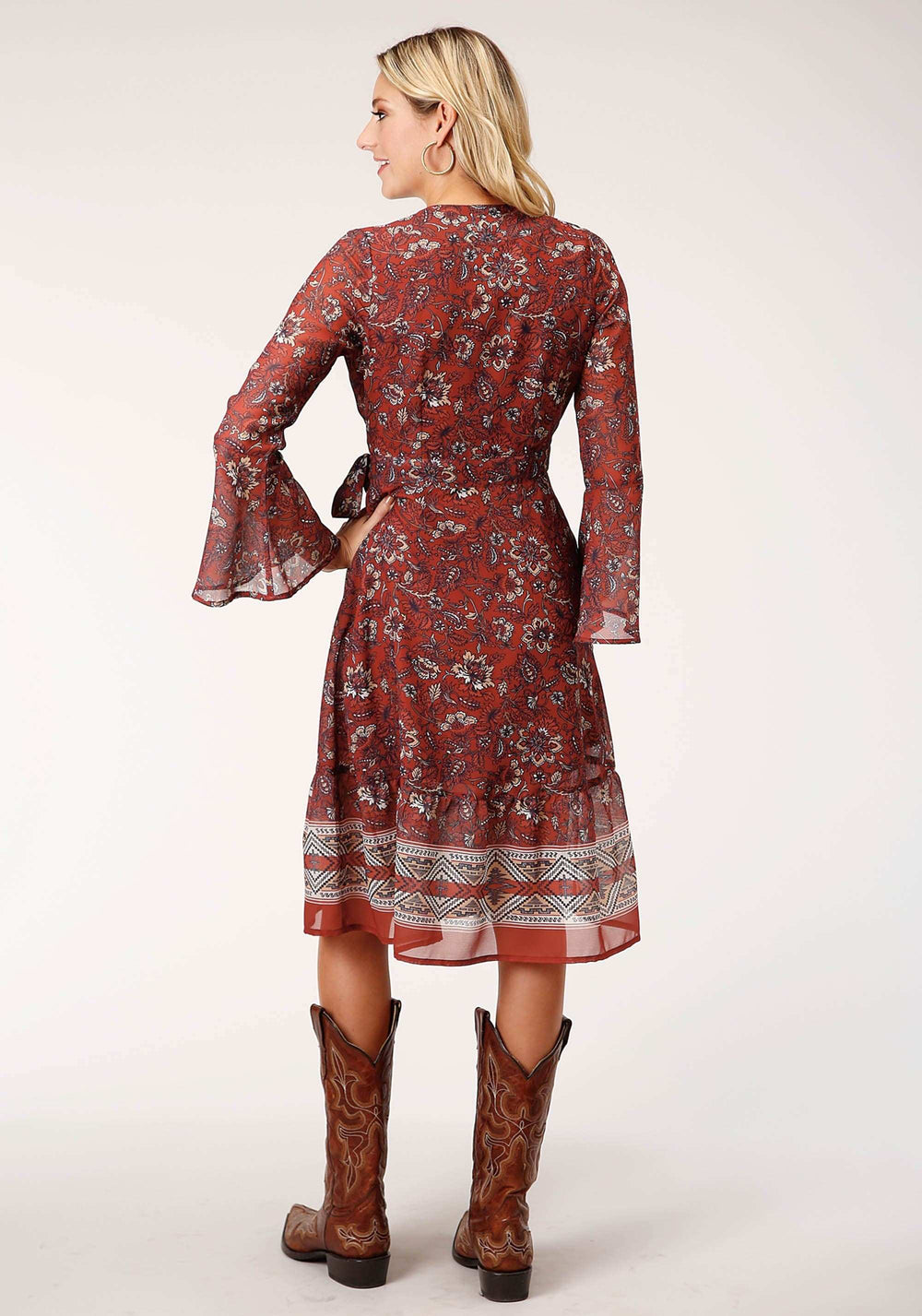 Roper Womens Long Sleeve Rust Floral Border Print Wrap Dress - Roper - Flyclothing LLC