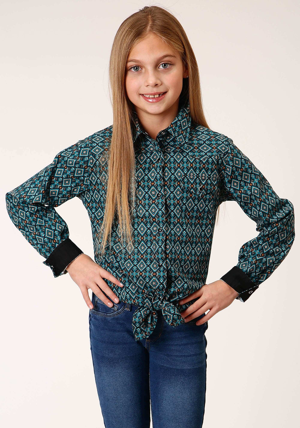 Roper Girls Long Sleeve Snap Diamond Aztec Print Western Shirt - Roper - Flyclothing LLC