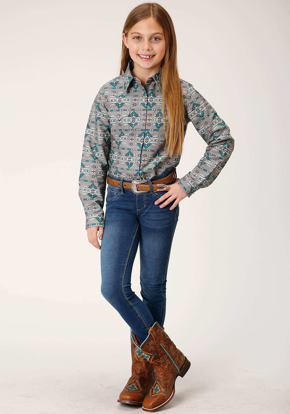 Roper Girls Long Sleeve Snap Geometric Aztec Western Shirt - Roper - Flyclothing LLC