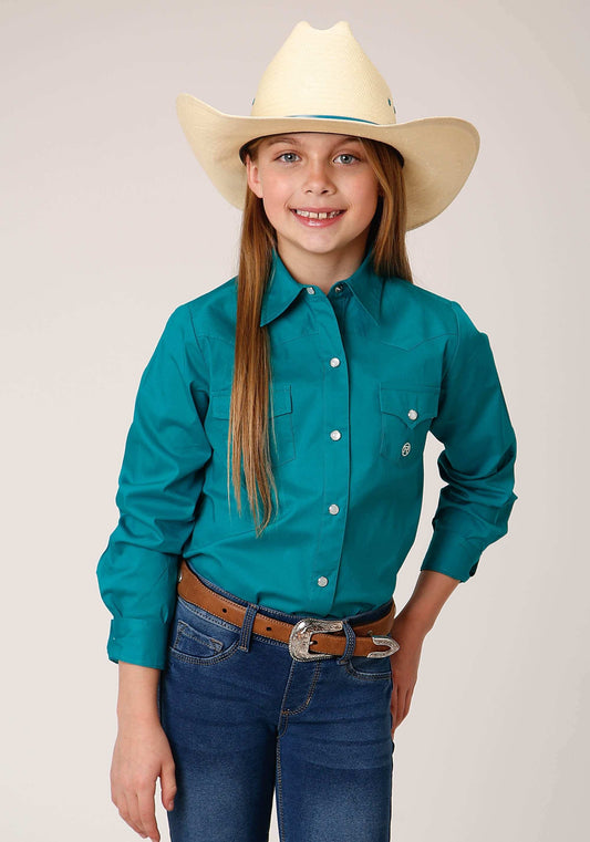 Roper Girls Long Sleeve Snap Solid Poplin Stretch Turquoise Western Shirt - Roper - Flyclothing LLC