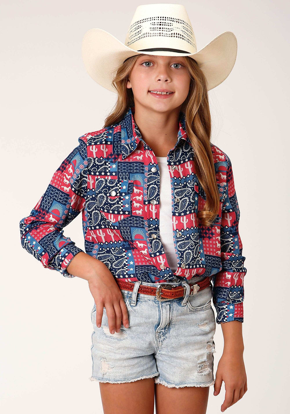 Roper Girls Long Sleeve Snap Bandana Print Rayon Shirt - Roper - Flyclothing LLC