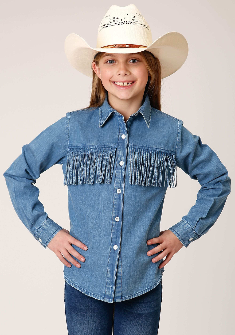 Roper Girls Long Sleeve Snap Medium Blue Denim Western Shirt - Roper - Flyclothing LLC