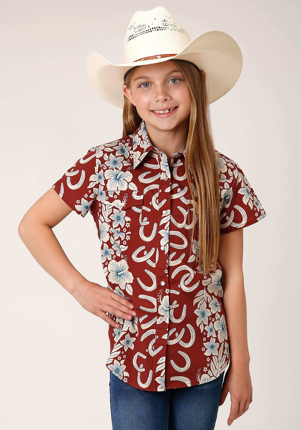 Roper Girls Short Sleeve Snap Hawaiian Horseshoes Print Western Shirt - Roper - Flyclothing LLC