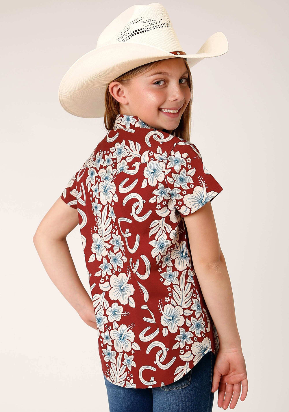 Roper Girls Short Sleeve Snap Hawaiian Horseshoes Print Western Shirt - Roper - Flyclothing LLC