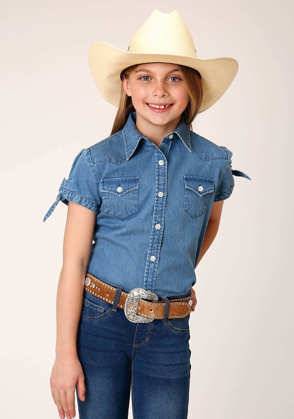 Roper Girls Short Sleeve Button Medium Blue Denim Western Shirt - Roper - Flyclothing LLC