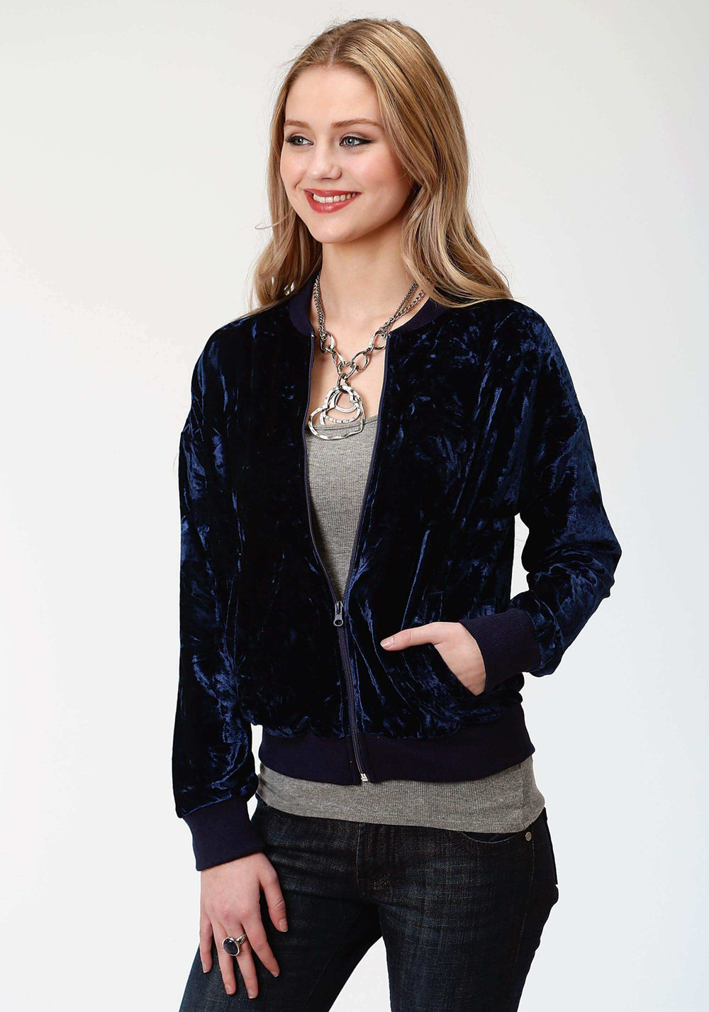 Roper Womens Navy Blue Crushed Velvet Zip Front Jacket - Roper - Flyclothing LLC