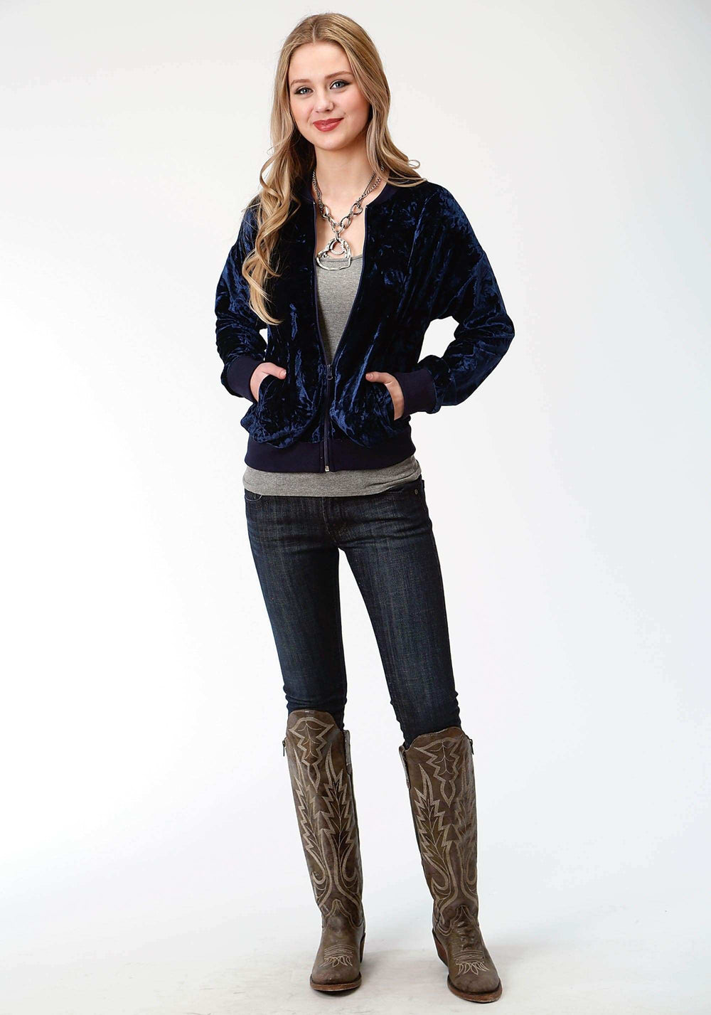 Roper Womens Navy Blue Crushed Velvet Zip Front Jacket - Roper - Flyclothing LLC
