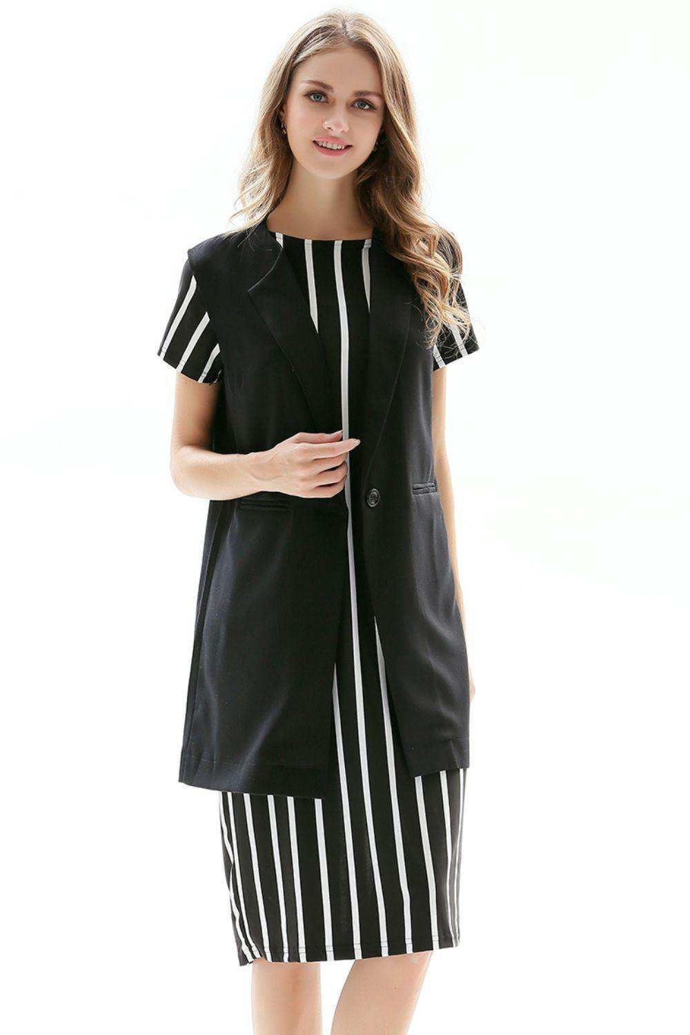 One-Button Sleeveless Longline Blazer - Trendsi - Flyclothing LLC