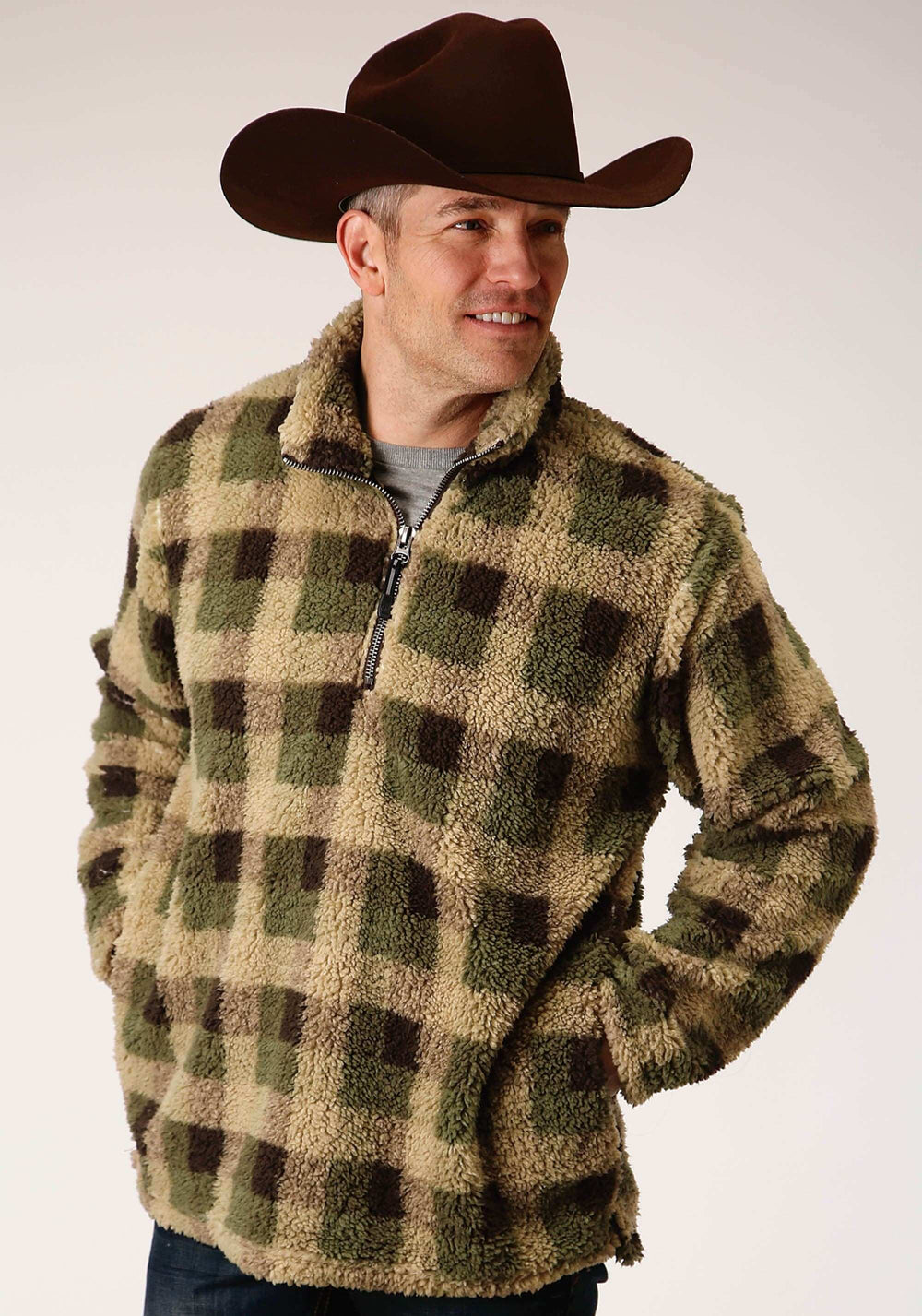 Roper Mens Grey Brown Check Print Polar Fleece Pullover - Roper - Flyclothing LLC