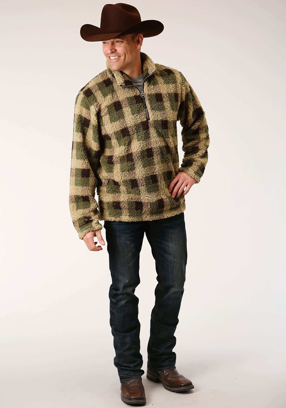 Roper Mens Grey Brown Check Print Polar Fleece Pullover - Roper - Flyclothing LLC
