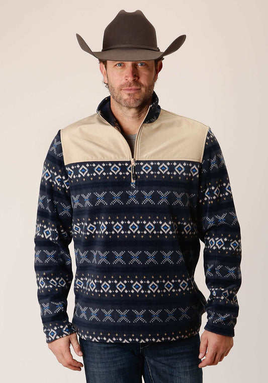 Roper Mens Navy Aztec Print Micro Fleece Pullover - Roper - Flyclothing LLC