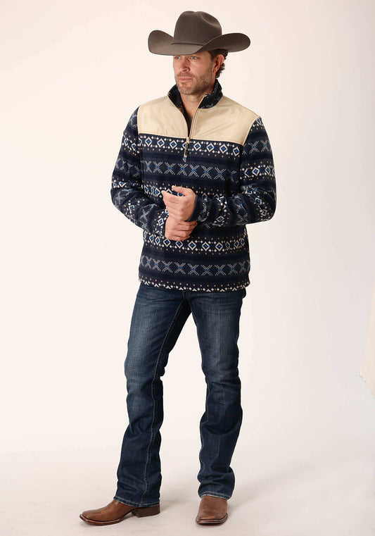 Roper Mens Navy Aztec Print Micro Fleece Pullover - Roper - Flyclothing LLC