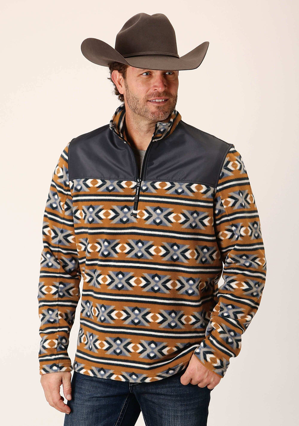 Roper Mens Orange Aztec Print Micro Fleece Pullover - Roper - Flyclothing LLC