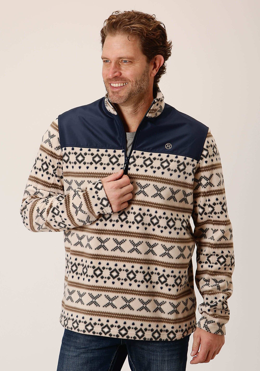 Roper Mens Cream Aztec Print Micro Fleece Pullover - Roper - Flyclothing LLC