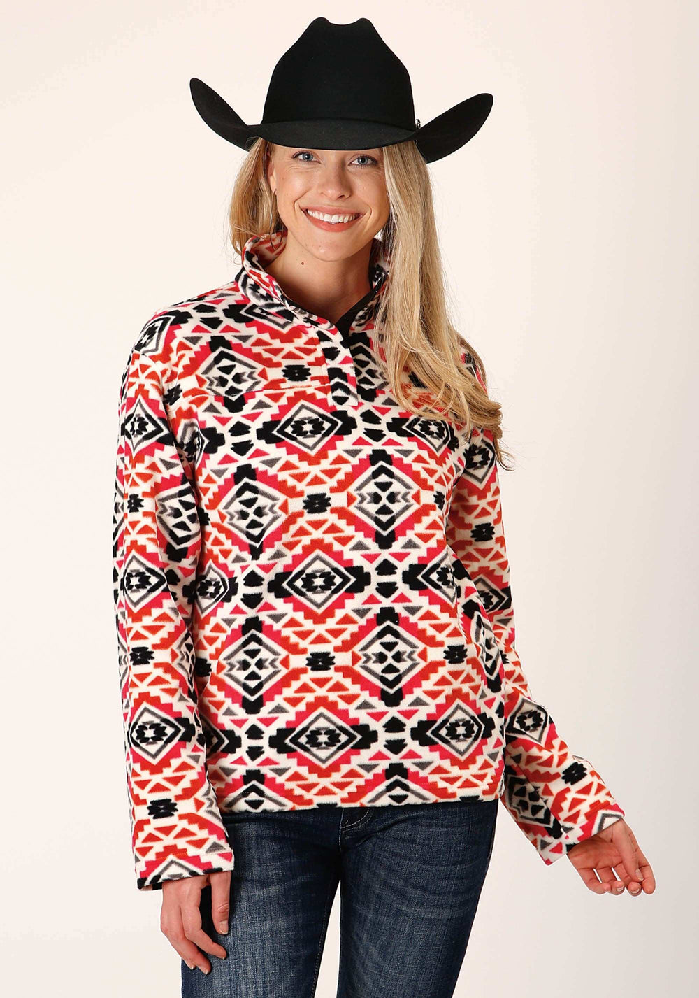 Roper Womens Grey Orange Pink Aztec Print Fleece Pullover - Roper - Flyclothing LLC