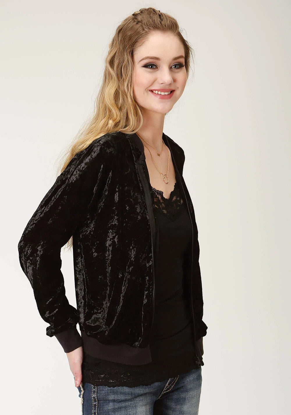 Roper Womens Solid Black Crushed Velvet Bomber Jacket - Roper - Flyclothing LLC