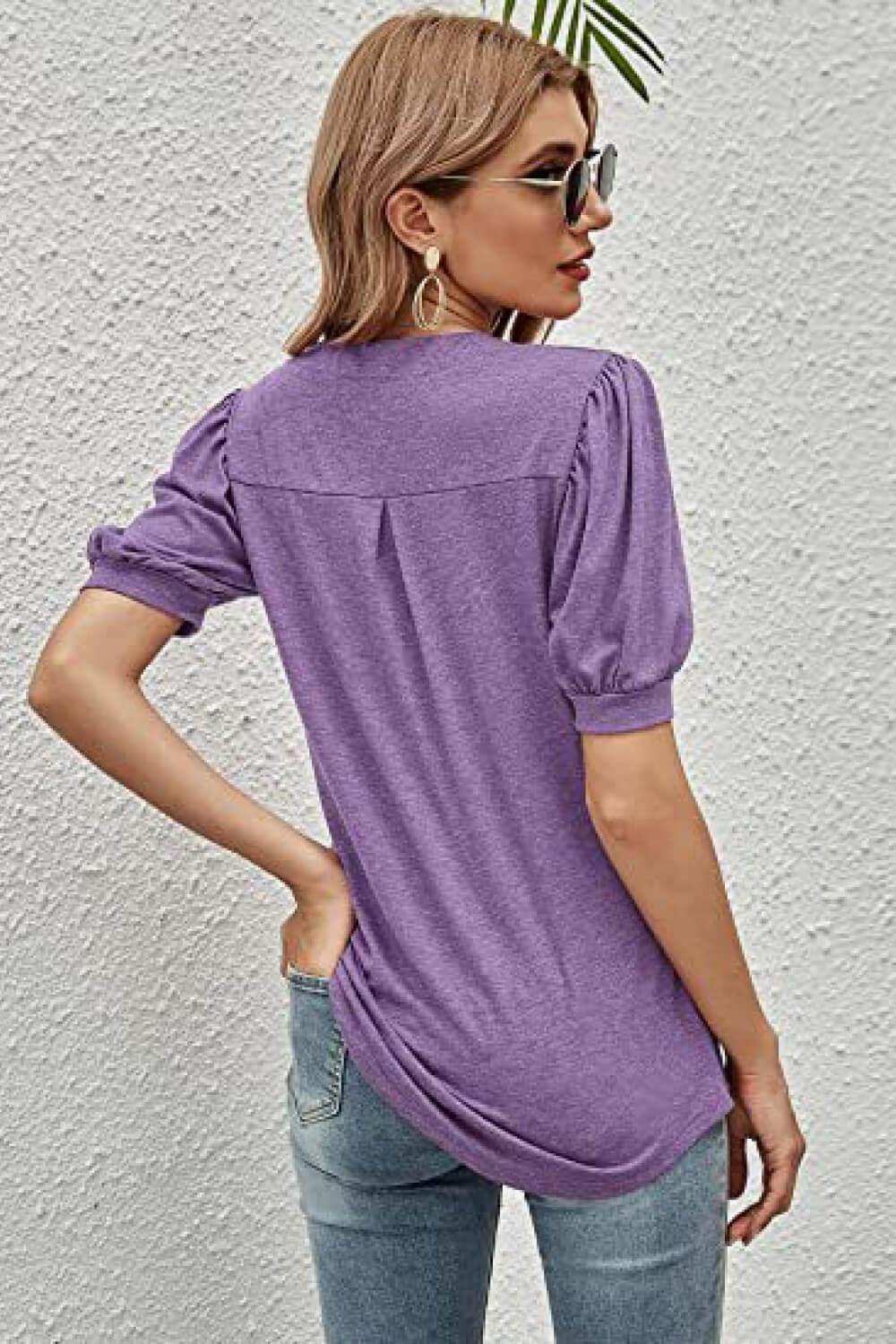 Notched Neck Puff Sleeve Tee - Trendsi - Flyclothing LLC