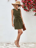 Buttoned V-Neck Belted Sleeveless Dress - Trendsi - Flyclothing LLC
