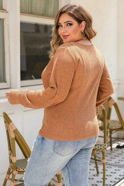 Plus Size Ribbed Scoop Neck Long Sleeve T-Shirt - Trendsi - Flyclothing LLC