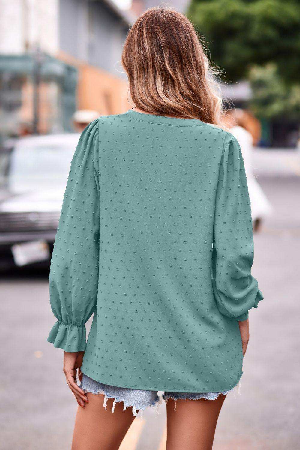 Swiss Dot Notched Neck Flounce Sleeve Blouse - Trendsi - Flyclothing LLC