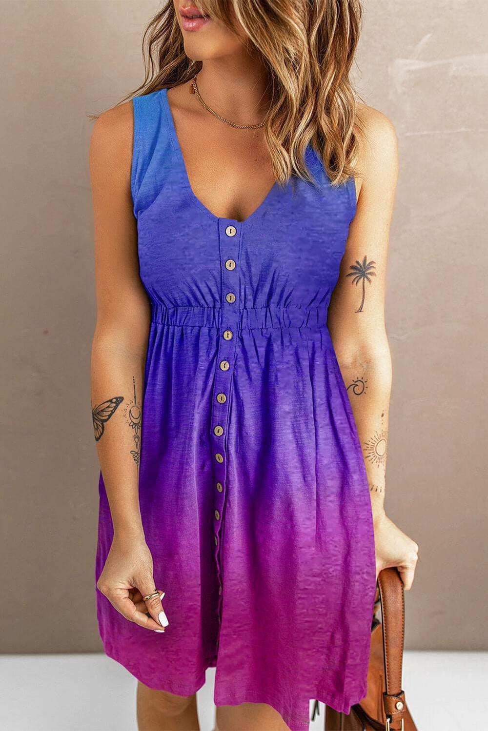 Buttoned Round Neck Sleeveless Mini Magic Dress - Trendsi - Flyclothing LLC