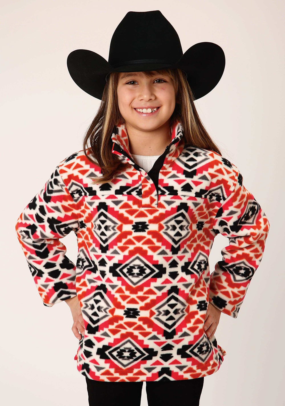 Roper Girls Womens Grey Orange Pink Aztec Print Polar Fleece Pullover - Roper - Flyclothing LLC