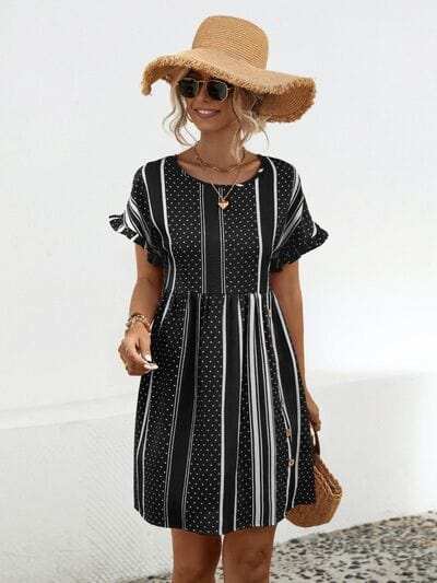 Striped Polka Dot Frill Short Sleeve Mini Dress - Trendsi - Flyclothing LLC