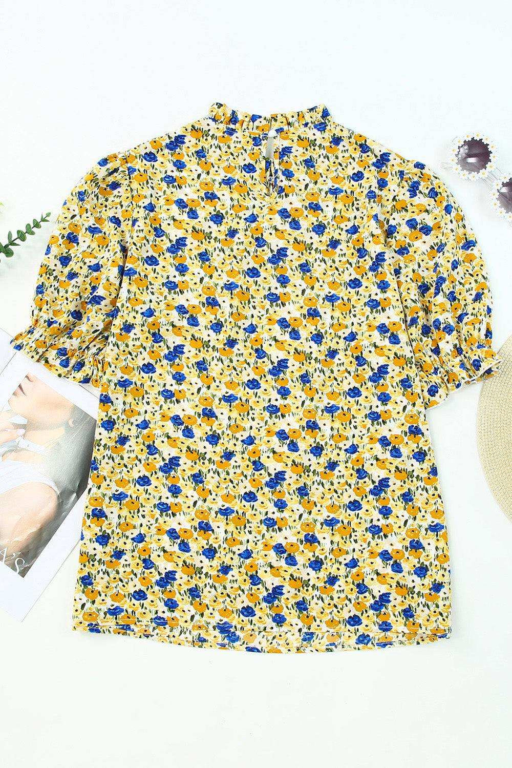 Floral Puff Sleve Keyhole Blouse - Trendsi - Flyclothing LLC