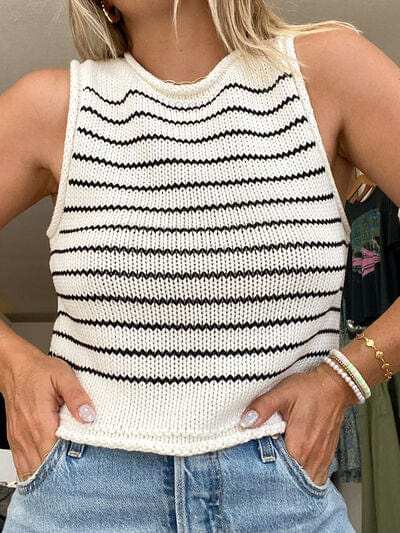 Rolled Striped Round Neck Sweater Vest - Trendsi - Flyclothing LLC