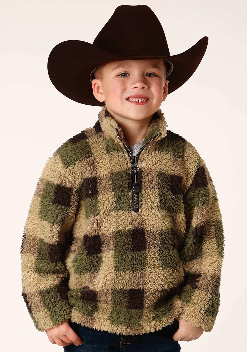 Roper Boys Polar Fleece Green Brown Check Print Pullover - Roper - Flyclothing LLC