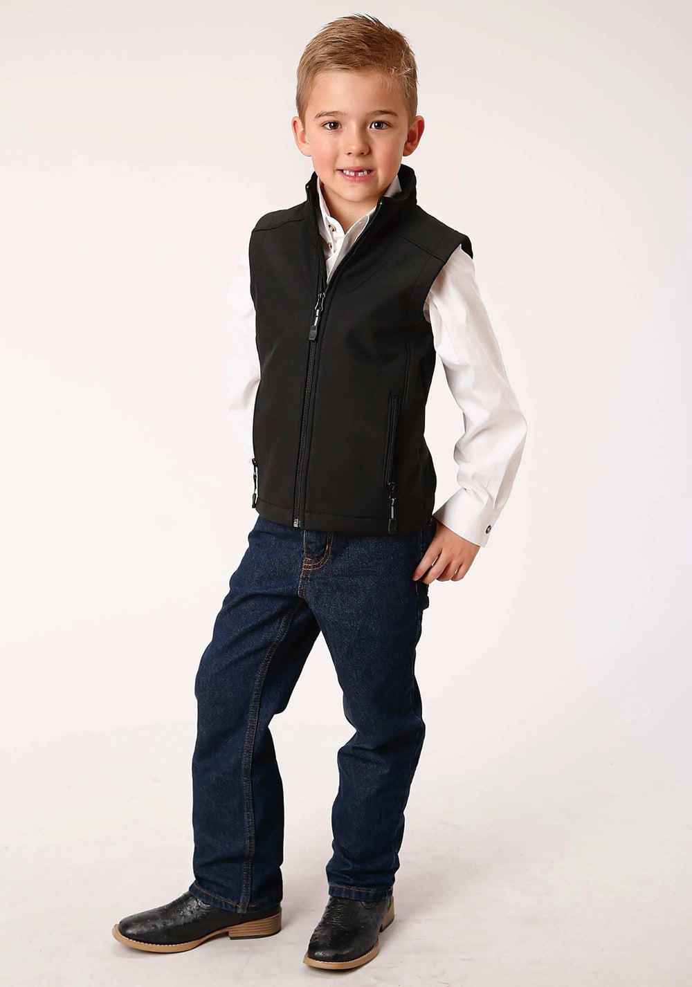 Roper Boys Black Softshell With Black Fleece Lining Zip Front Vest - Roper - Flyclothing LLC