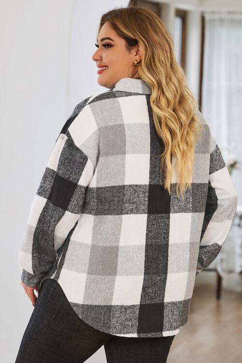 Plus Size Plaid Button Up Collared Neck Jacket - Trendsi - Flyclothing LLC