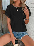 Eyelet Round Neck Short Sleeve T-Shirt - Trendsi - Flyclothing LLC