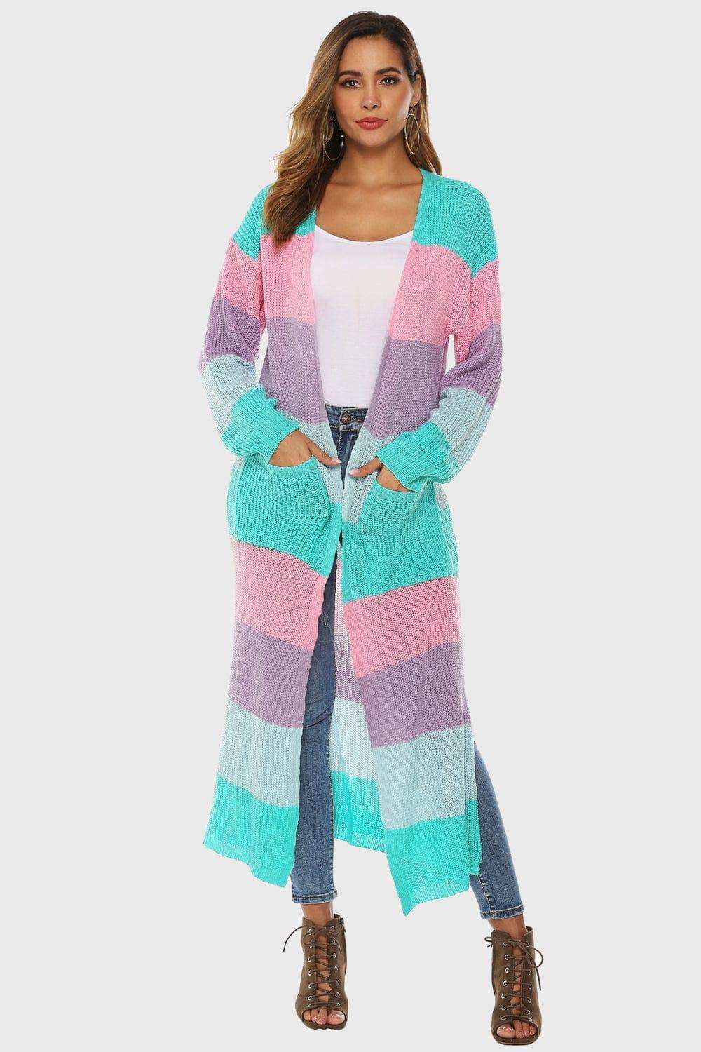 Color Block Long Sleeve Pocketed Cardigan - Trendsi - Flyclothing LLC