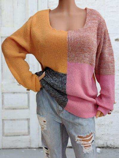 Color Block Decorative Button Long Sleeve Sweater - Trendsi - Flyclothing LLC